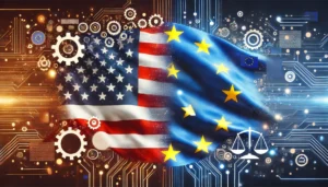 Illustration featuring the flags of the United States and the European Union, highlighting the contrasting regulatory philosophies between the two regions in the context of AI regulation.